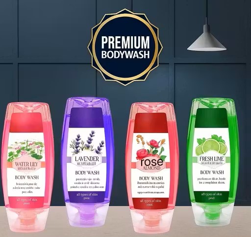 Bodywash pack of 4 (rose almond , water lily , fresh lime and lavender}