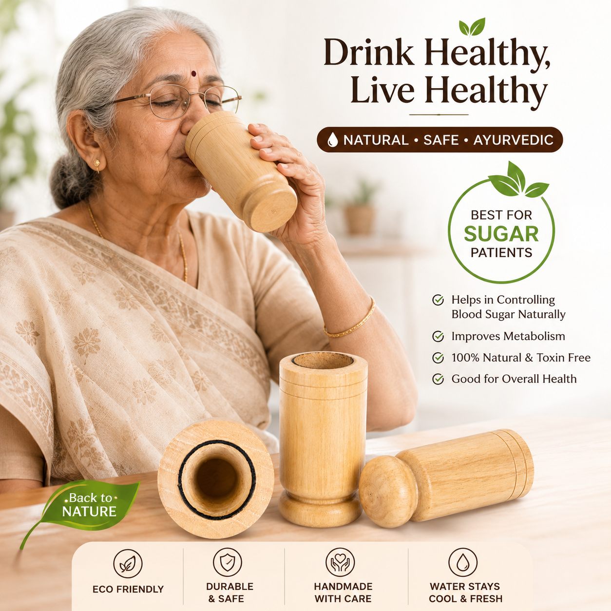 Natural Wooden Drinking Cup for Water | Handmade Ayurvedic Wooden Glass | Eco-Friendly Reusable Water Tumbler | Traditional Wooden Cup for Daily Use - Image 2